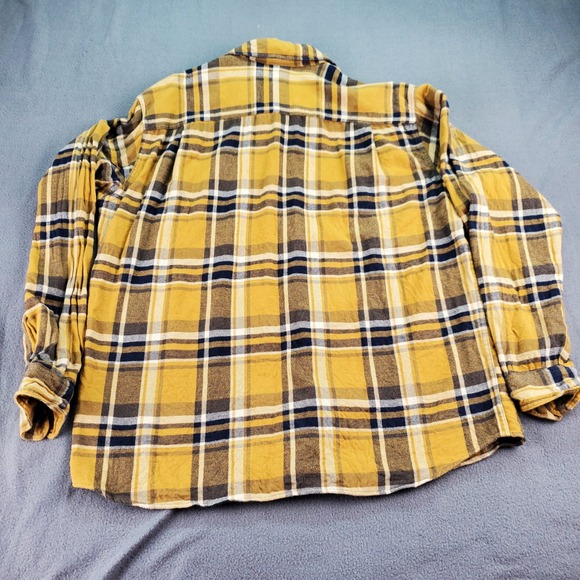 UNIQLO Men's Plaid Flannel Long Sleeve Button Up Shirt Mustard Navy Size L - Picture 7 of 7